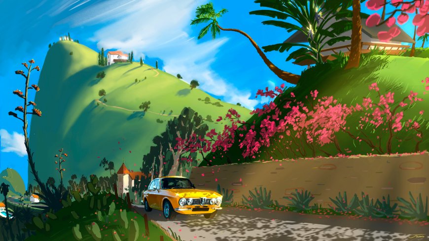 风景 黄色汽车 汽车 鲜花 插画壁纸