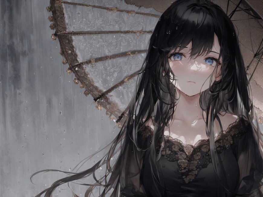 蓝眼睛 长发 黑发 雨 伞 动漫女孩