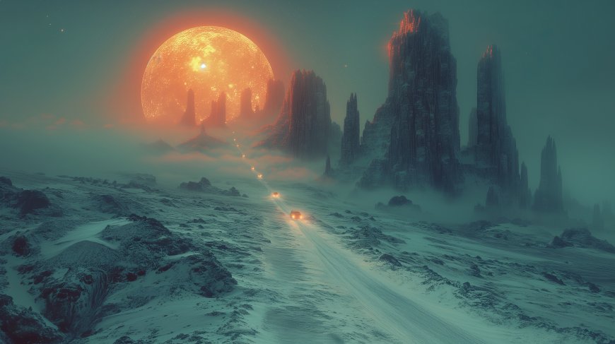 AI艺术 汽车 插图 太阳 山脉 雪 冬天 电脑壁纸