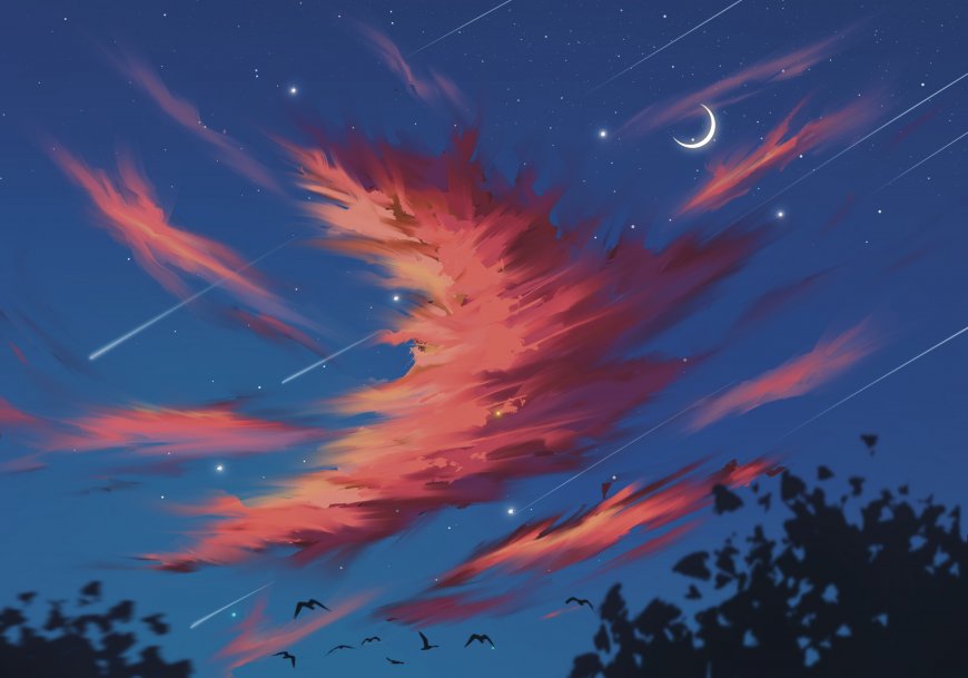 插图 绘画 天空 云 月亮 鸟 动物 星星 流星