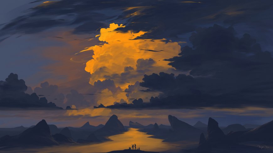插图 风景 云 日落 天空 山 河 自然 电脑壁纸