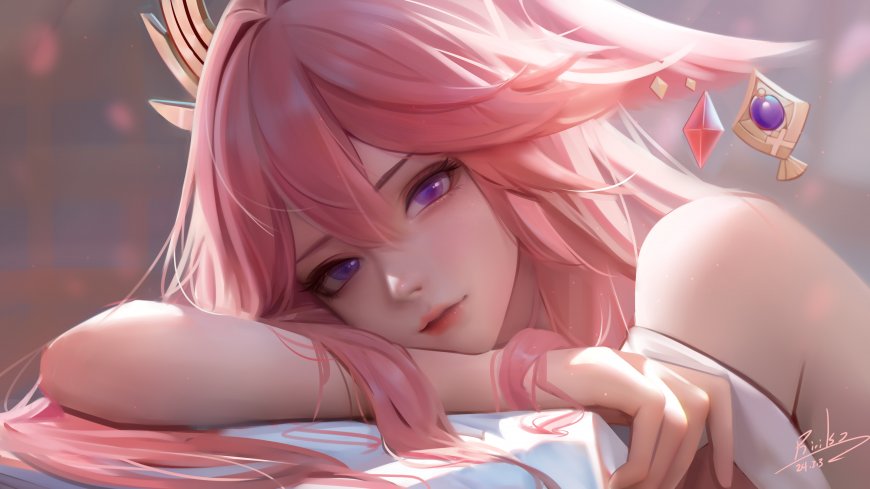 Yae Miko(原神) 粉色头发 动漫女孩 紫色眼睛 