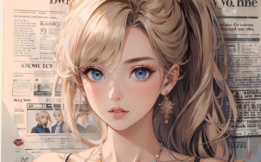 报纸墙金发碧眼高马尾女孩