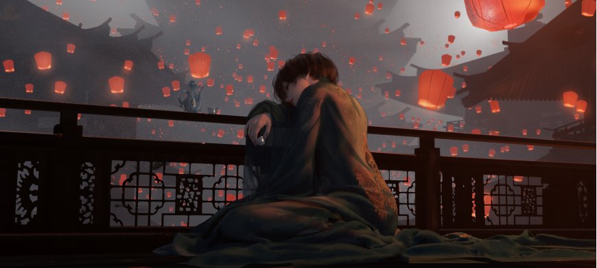 满天孔明灯阁楼上喝醉了的小绿 鬼刀 WLOP插画壁纸