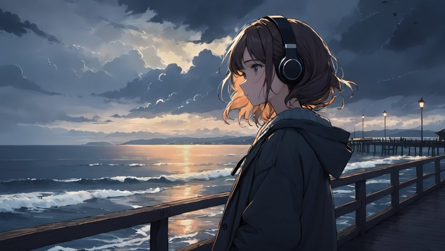 海岸边|护栏前|戴着耳麦听音乐的动漫女生桌面壁纸图片