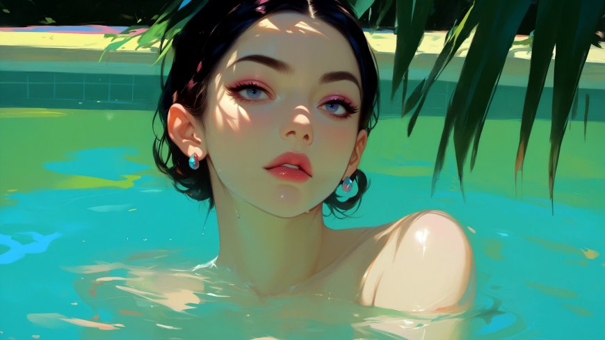 游泳|泳池|裸身|气质|妖娆动漫性感女神插画壁纸图片