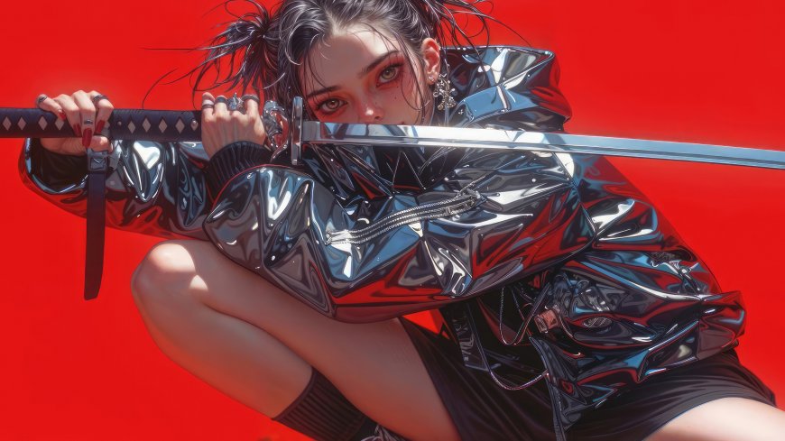 武士刀少女，酷飒，朋克风，红色背景，写实酷飒AI女生高清美图壁纸