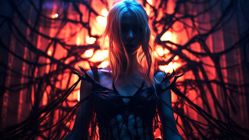 在宛若蛛网森林里的白发欧美女人桌面壁纸图片 