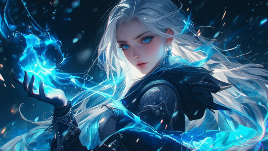 手上漂浮着蓝色火焰的白发AI美女高清桌面壁纸 