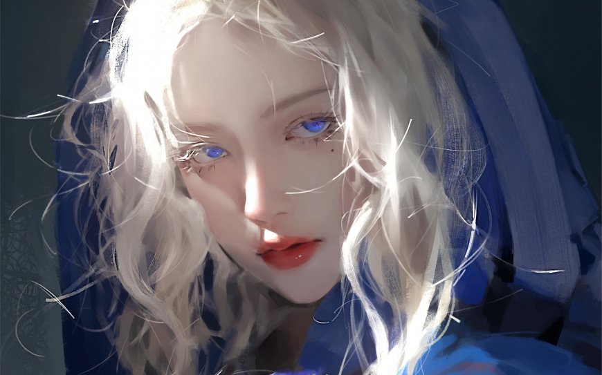 蓝眼睛，白发，红唇，精致美女插画壁纸