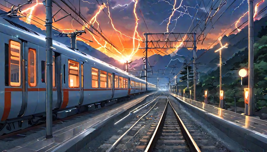 电闪雷鸣的天空下，停在火车轨道上的火车，客车AI景色壁纸