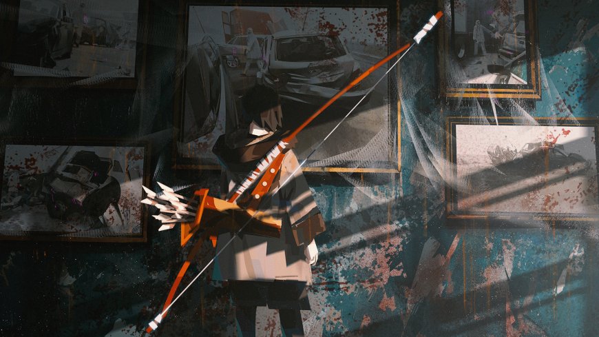 斑驳的照片墙，墙壁 背着弓箭，剑葫的少女背影插画壁纸图片