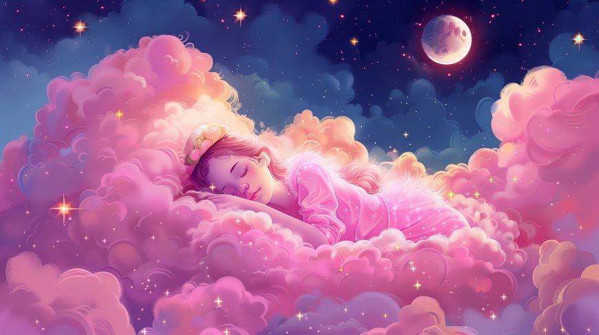 女人 插图 云 月亮 睡眠 粉色 