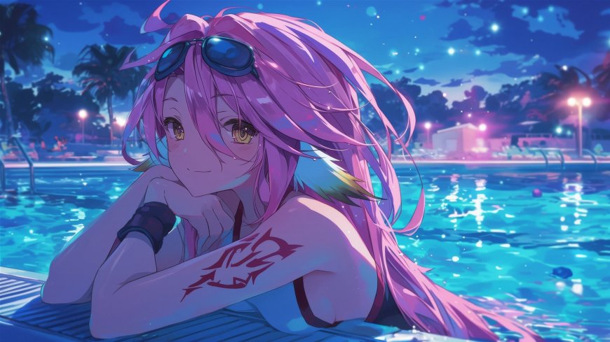 趴在泳池边的粉红色头发比基尼动漫美女