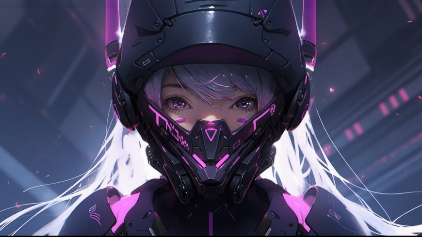 塞伯朋克女孩壁纸，戴着头盔的大眼睛塞伯朋克女孩