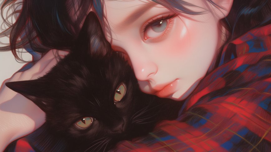 抱着一只黑猫看着你的红色格纹衫动漫美少女