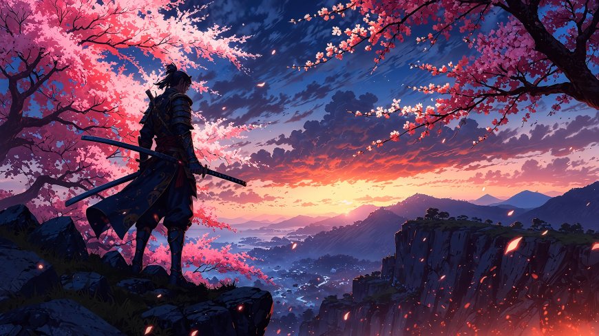 铠甲武士，樱花，山谷，天空，绚丽云彩插画壁纸