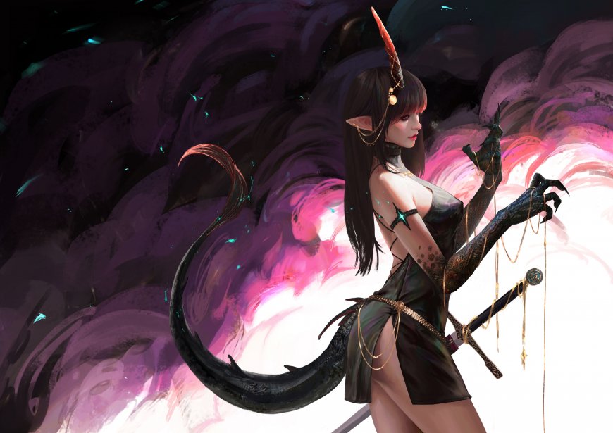 女人 幻想长发 剑 武器 兽耳 尾巴 生物 动漫壁纸