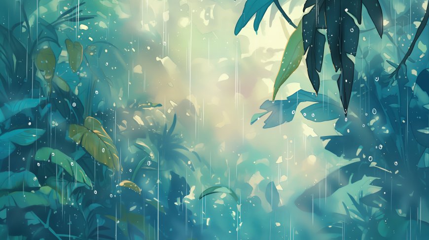 下雨天，雾蒙蒙，植物，野草，唯美雨天户外风景插画壁纸