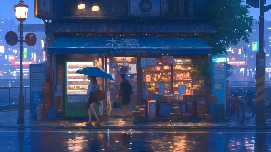 下雨天，街边杂货店 撑着雨伞的女孩 唯美街景插画壁纸