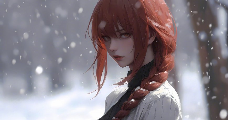 雪中AI美少女，酒红色头发，麻花辫壁纸