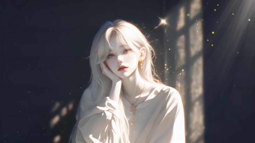 阳光下，托着腮的白色头发优雅AI美女高清桌面壁纸