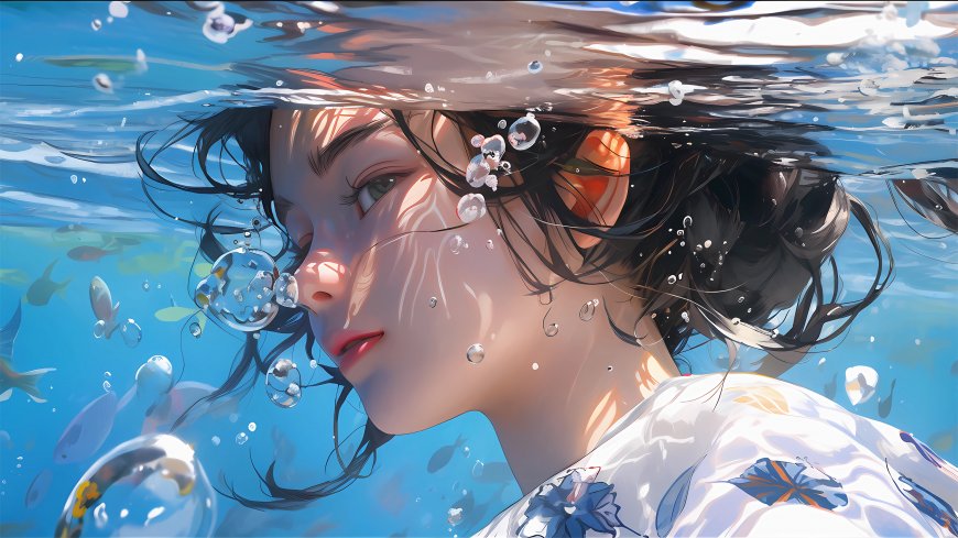 水下女孩 鱼 气泡 4K动漫壁纸