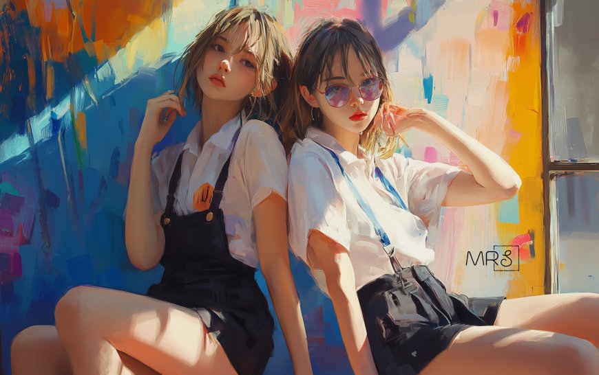 背靠背的青春美少女油墨画风格插画壁纸