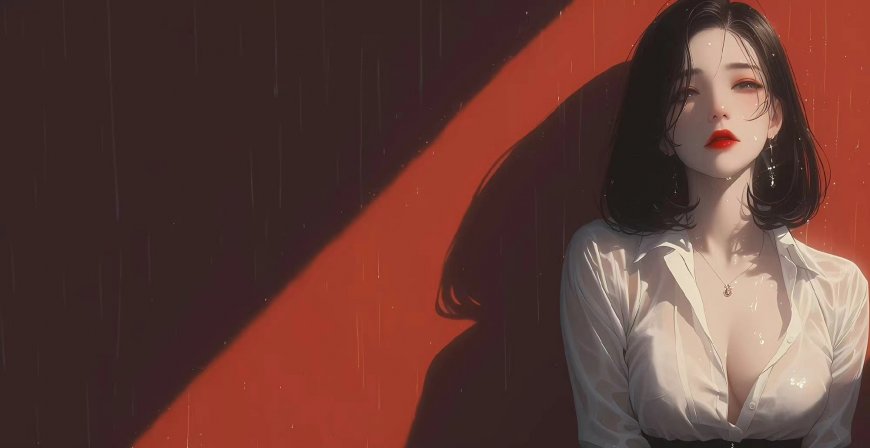 靠墙性感红唇短发美女插画壁纸