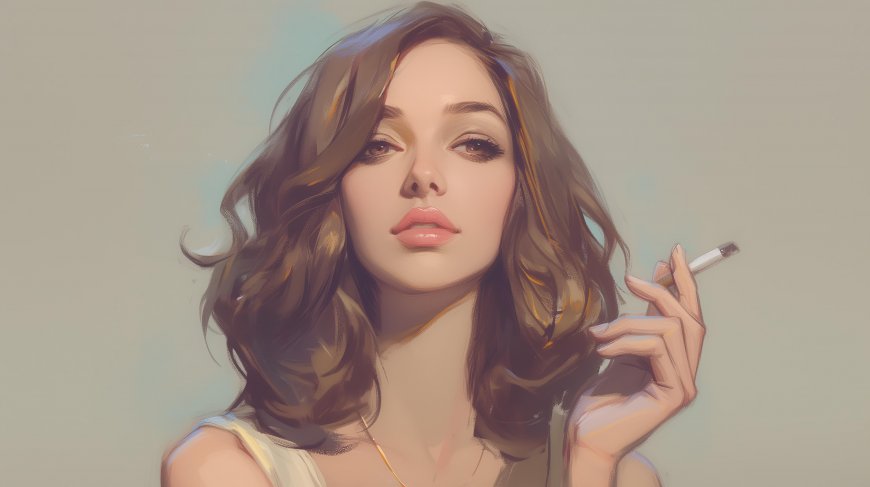 抽着香烟的欧美短发唯美手绘插画壁纸