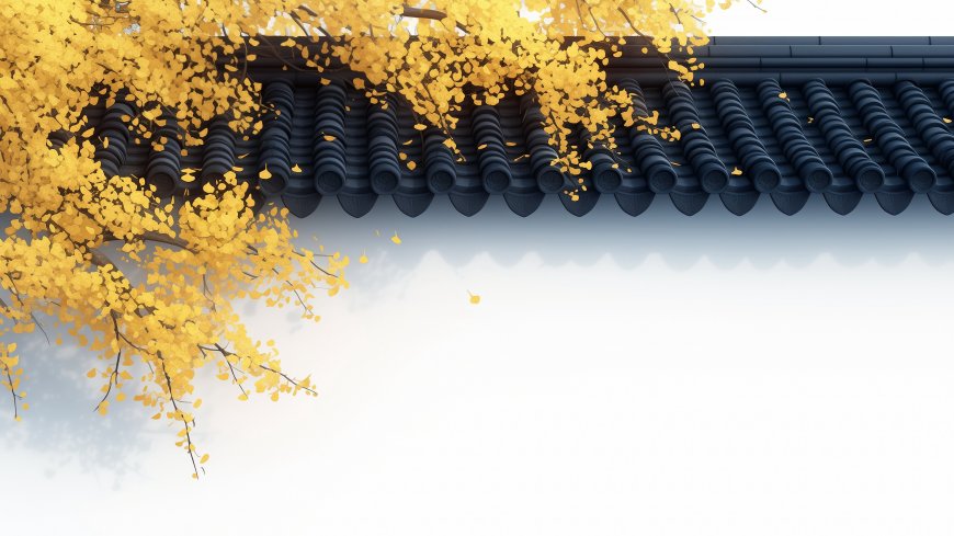 银杏出墙-银杏树-建筑围墙-琉璃瓦-唯美静谧墙面风景插画壁纸