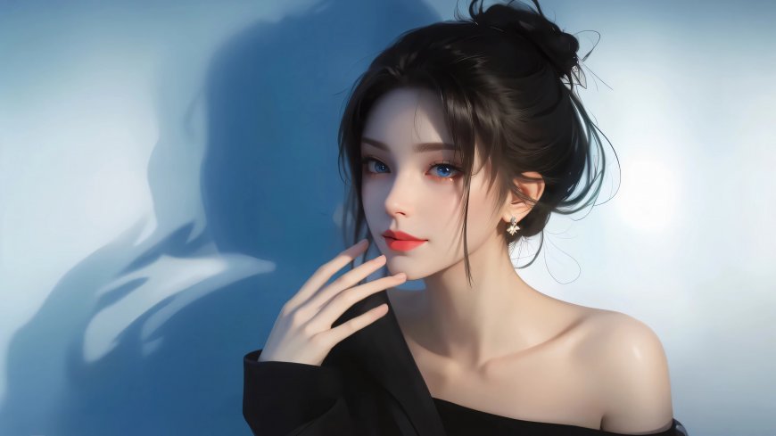 美人看肩，单肩衣AI美女侧颜桌面壁纸图片