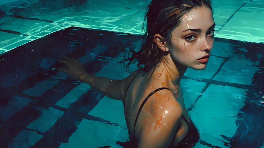 泳池美女，穿着黑色吊带比基尼的外国泳池AI美女