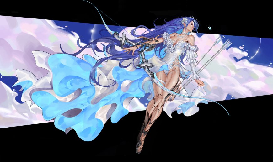 插图 女孩 蓝发 长发 白色 连衣裙 简单 背景 花朵 蝴蝶壁纸