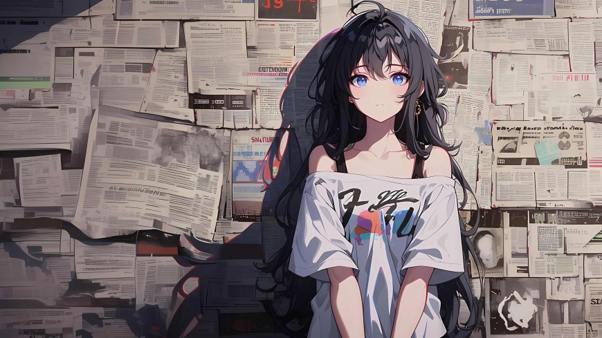 报纸墙少女，站在墙前面的蓝眼睛， 露肩衫，二次元美少女高清桌面壁纸