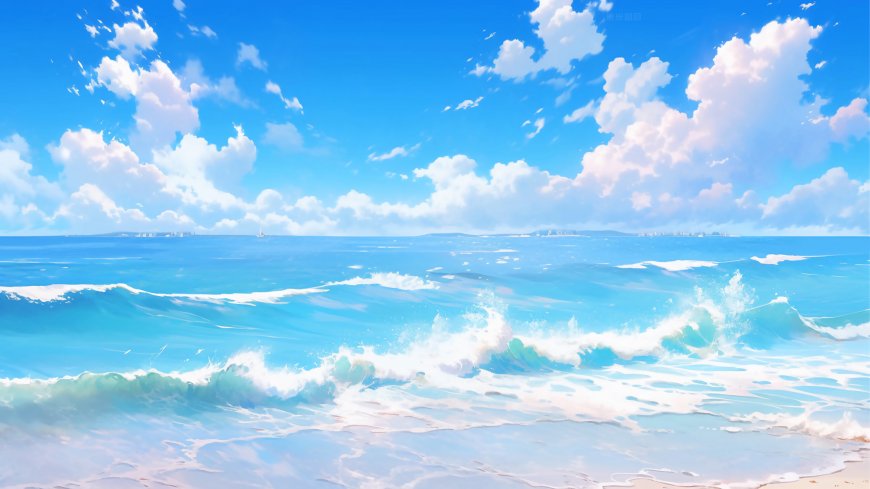 大海，蓝天，白云，海浪，唯美海边风景插画壁纸