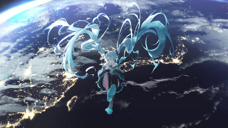 初音未来-外太空-背后是地球-地球表面的云层和城市灯光插画壁纸