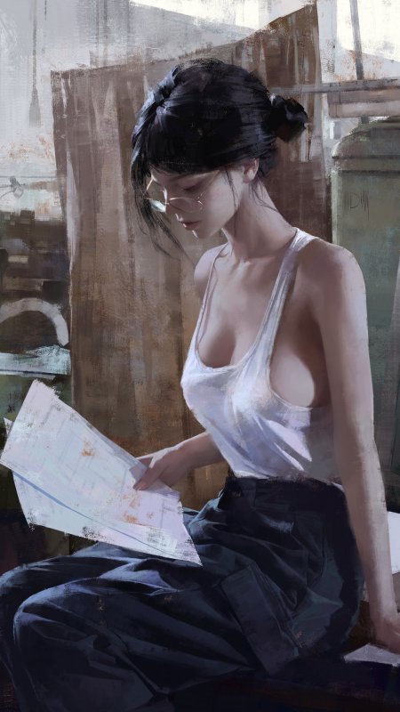 吊带背心工装裤眼镜油墨画美女手机壁纸