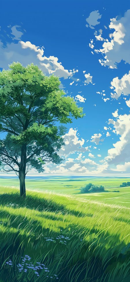 蓝天白云青青草原唯美小清新户外风景手机壁纸