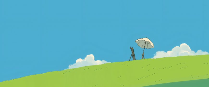 蓝色 草地 画板 简约风景 带鱼屏 2K壁纸