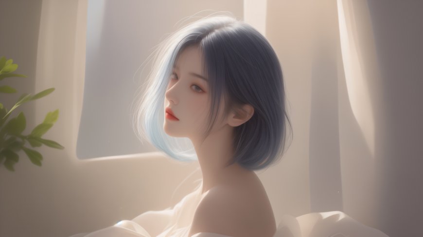 唯美 短发 女孩 绿色植物 屋内 4K壁纸