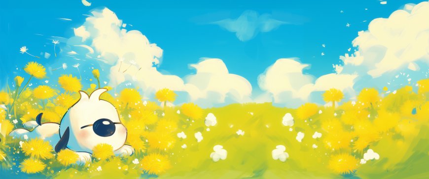 辛巴狗 花盆 花朵 带鱼屏 壁纸 2K壁纸 蓝天 草地 2K壁纸