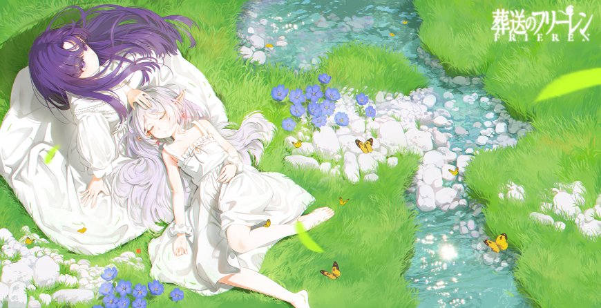 精灵  动漫 女孩 白色连衣裙 河流 鲜花 芙莉莲 壁纸