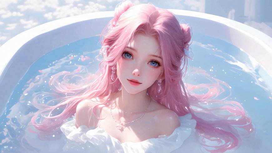 粉发 沐浴 少女 女孩 美女 4K壁纸