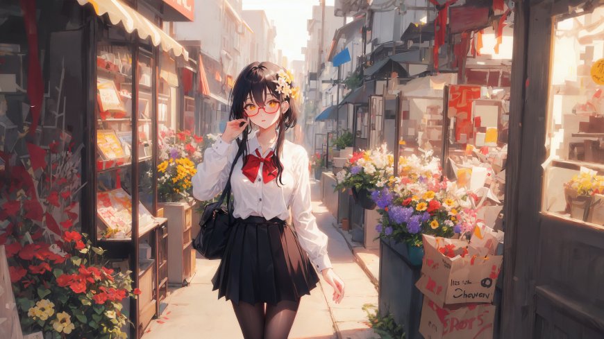动漫 女孩 街道 鲜花 校服 4K壁纸