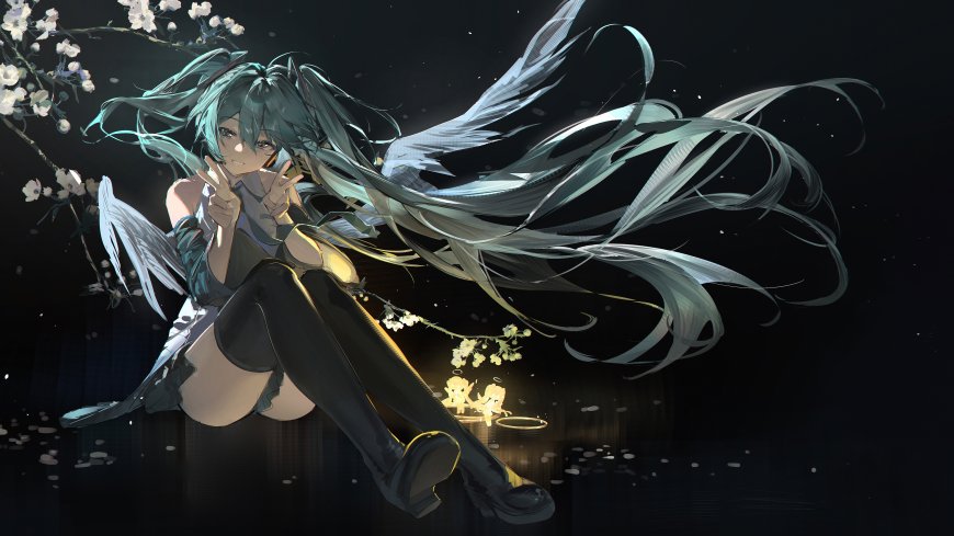 初音少女，穿着丝袜，双手比耶的初音未来插画壁纸