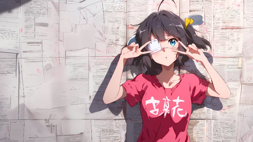 单眼眼罩少女报纸墙动漫插画壁纸