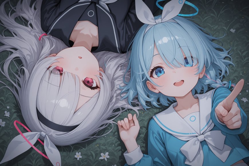 蓝白双发少女草地躺卧插画壁纸