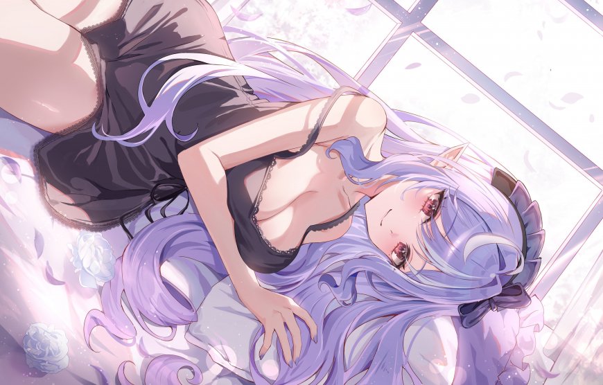 日系动漫少女插画 黑裙紫发精灵风壁纸