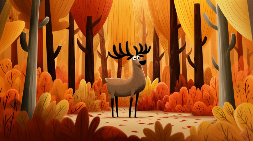 秋日森林卡通小鹿治愈系插画壁纸